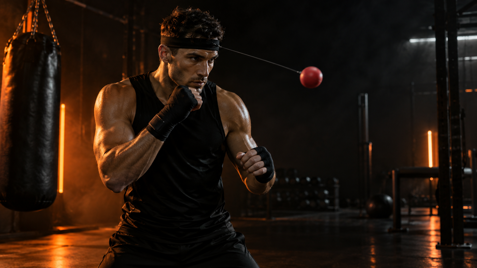 Illustrative athlete practicing alone in a dark training gym